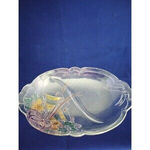 Vintage Mikasa Oval Glass Christmas Plate 12" Colorful Bells, Holly Bow Design